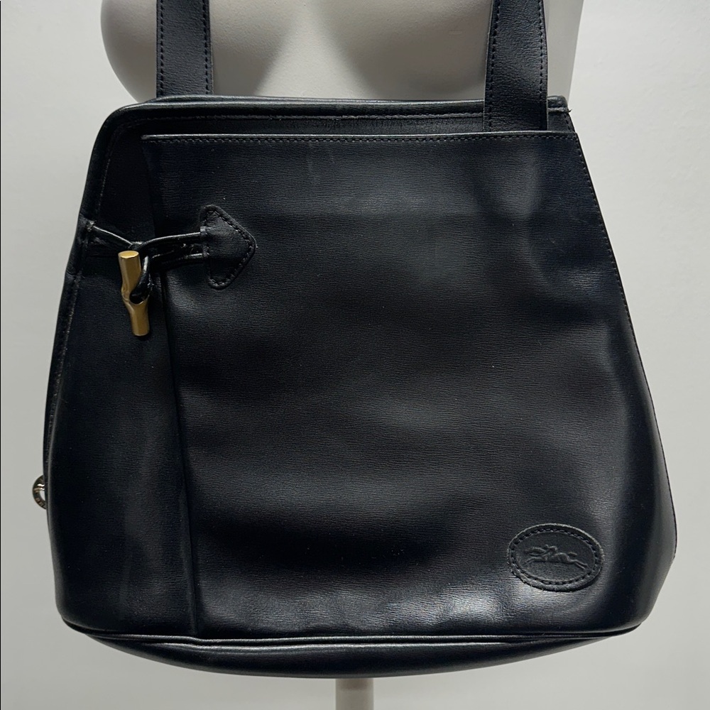 Longchamp Roseau Purse Leather Messenger Shoulder Bag Black Gold Vintage - Picture 2 of 15